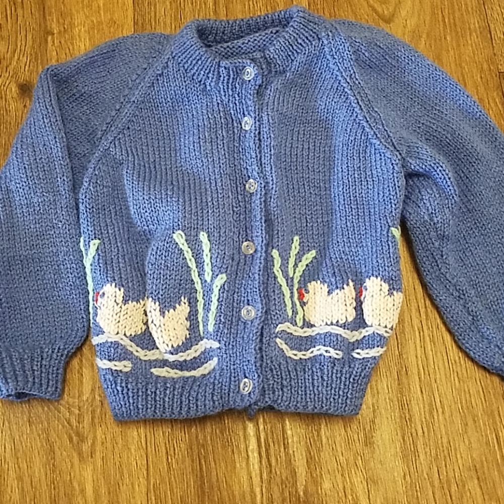 Hand Knit Sweater with Ducks Sz S